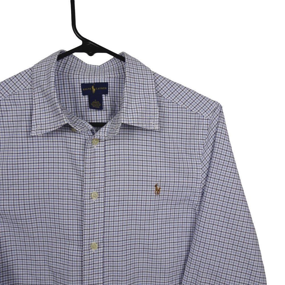 💰3/$25 Ralph Lauren Boy's Button Down Shirt Blue Plaid Oxford PONY Logo L